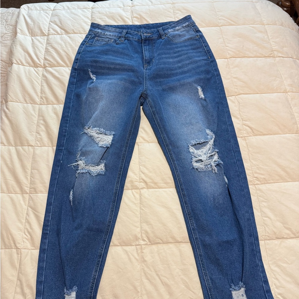 MidRise Distressed Women's Jeans Boyfriend Fit — Blue - Size M